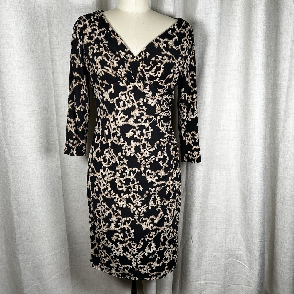 Lauren Ralph Lauren Sheath Dress Womens‎ 6  Faux Wrap Black Lined VNeck Abstract